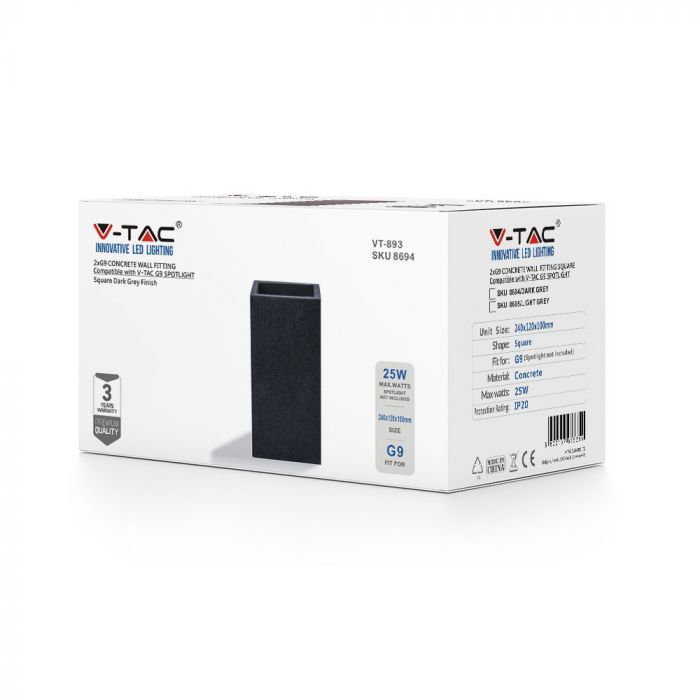 V-TAC G9 LED betona Sienas gaismeklis, tumši pelēks, kvadrāta, IP20, MAX 25W