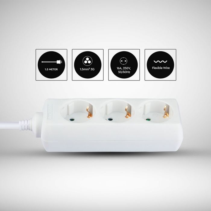 1,5 м Удлинительный распределитель 3 розетки IP20 16A 250V 3680W, V-TAC