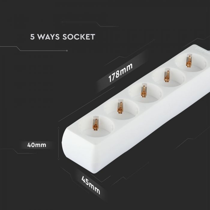 1.5m Pagarinātājs-sadalītājs 5 ligzdas IP20 16A 250V 3680W, V-TAC