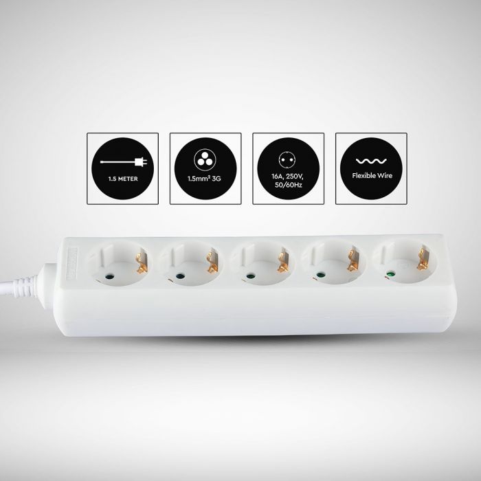1.5m Pagarinātājs-sadalītājs 5 ligzdas IP20 16A 250V 3680W, V-TAC