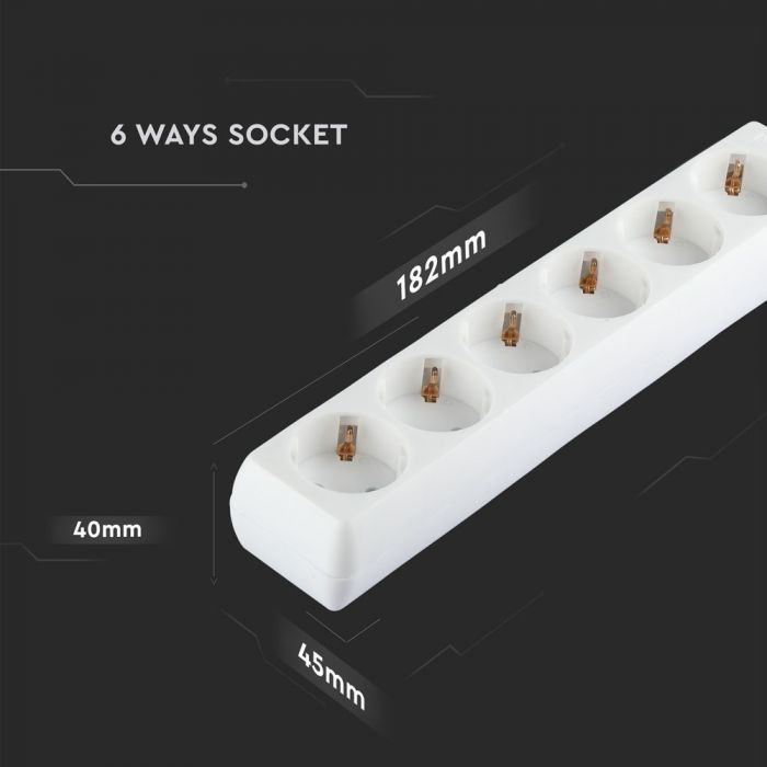 1.5m Extender-splitter 6 sockets IP20 16A 250V 3680W, V-TAC