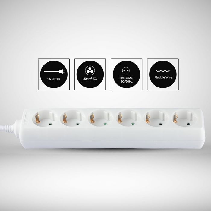 1,5 м Удлинительный распределитель 6 розеток IP20 16A 250V 3680W, V-TAC