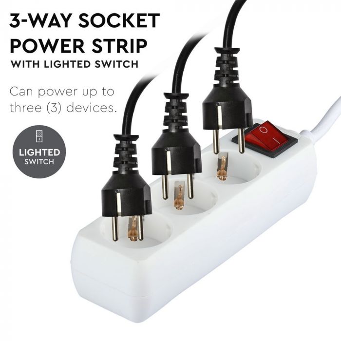 1.5m Extender-splitter 3 sockets with switch IP20 16A 250V 3680W, V-TAC