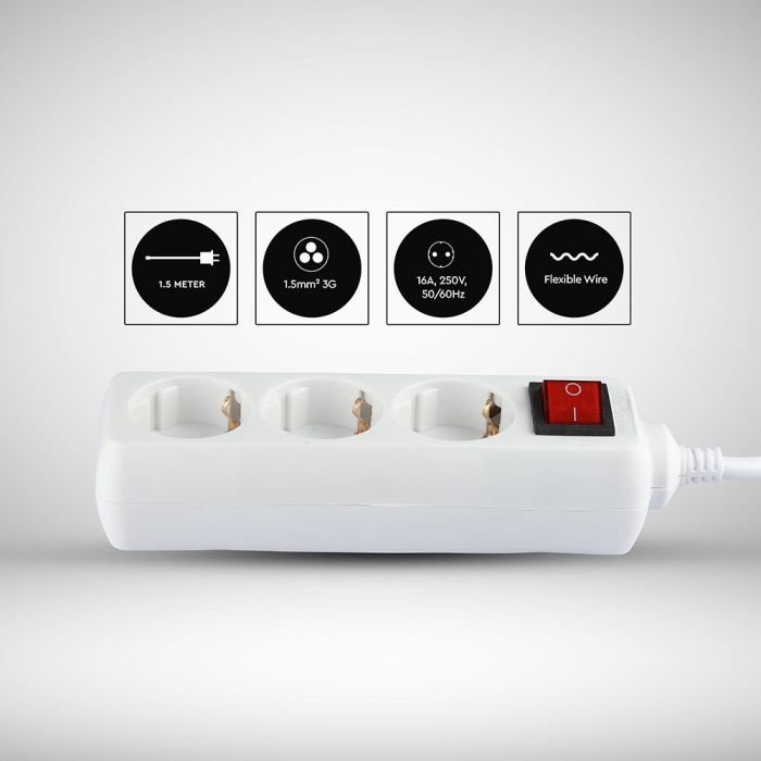 1,5m Pistikupesa jaotur 3 pistikupesa koos lülitiga IP20 16A 250V 3680W, V-TAC