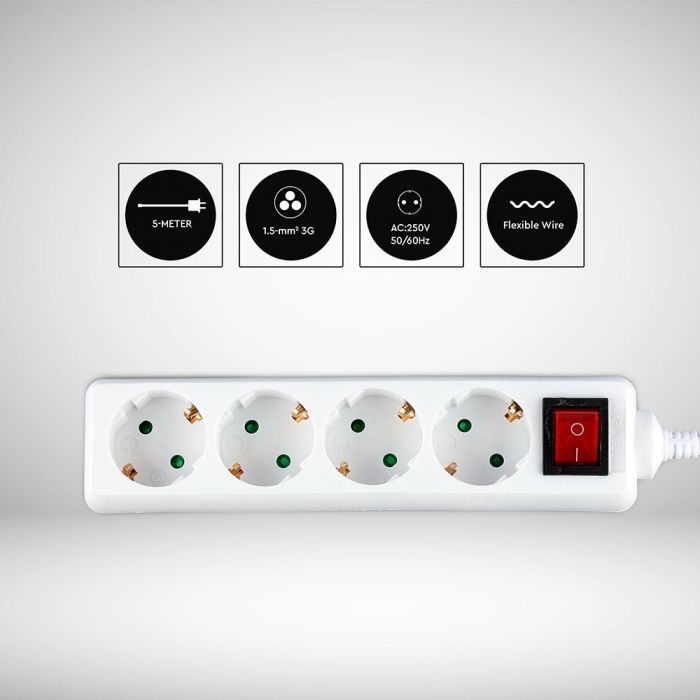 5m Förlängningsuttag delare 4 uttag med strömbrytare IP20 16A 250V 3680W, V-TAC