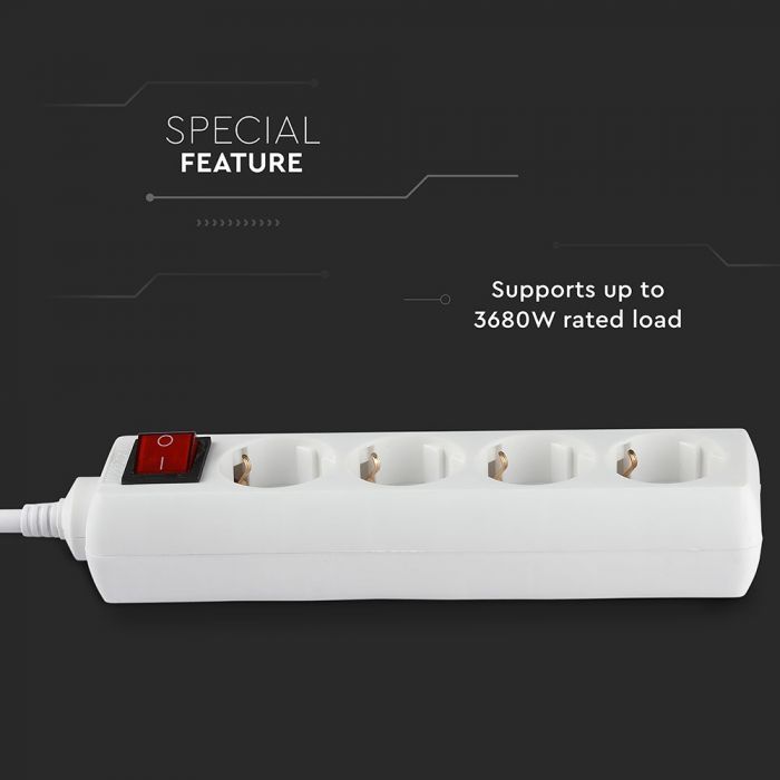 5m Förlängningsuttag delare 4 uttag med strömbrytare IP20 16A 250V 3680W, V-TAC