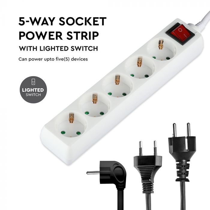 5m Pagarinātājs-sadalītājs 5 ligzdas ar slēdzi IP20 16A 250V 3680W, V-TAC