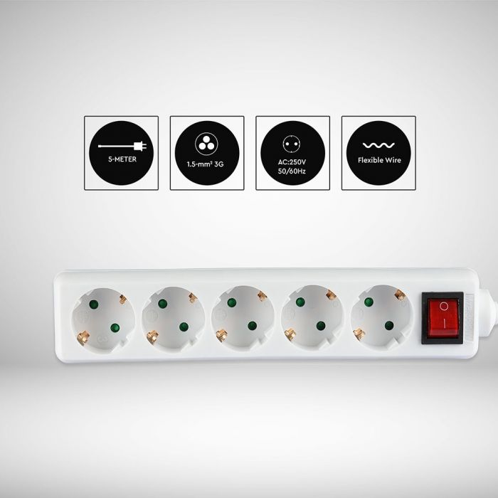 5m Extender-splitter 5 sockets with switch IP20 16A 250V 3680W, V-TAC