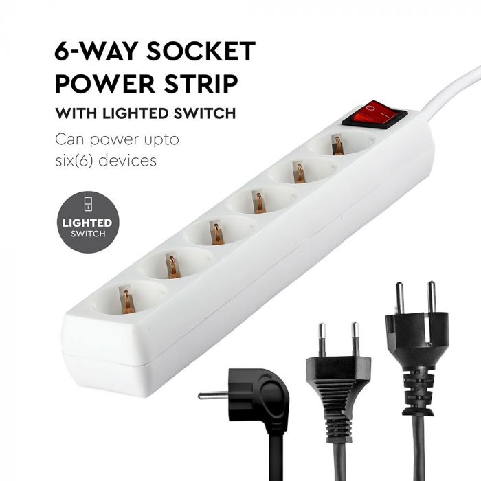 5m Pagarinātājs-sadalītājs 6 ligzdas ar slēdzi IP20 16A 250V 3680W, V-TAC