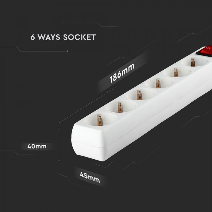 5m Extender-splitter 6 sockets with switch IP20 16A 250V 3680W, V-TAC