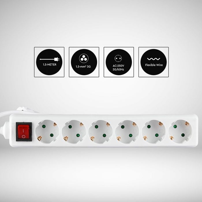 5m Extender-splitter 6 sockets with switch IP20 16A 250V 3680W, V-TAC