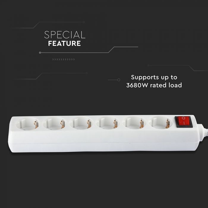 5m Extender-splitter 6 sockets with switch IP20 16A 250V 3680W, V-TAC
