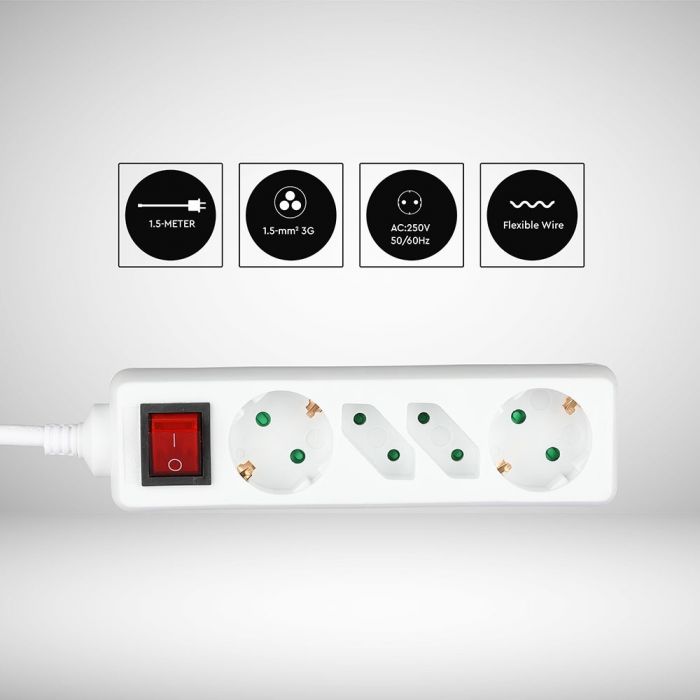 1.5m Pagarinātājs-sadalītājs 4 ligzdas ar slēdzi IP20 16A 250V 3680W, V-TAC