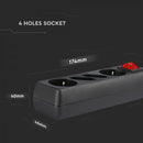 1.5m Pagarinātājs-sadalītājs 4 ligzdas ar slēdzi IP20 16A 250V 3680W melns, V-TAC