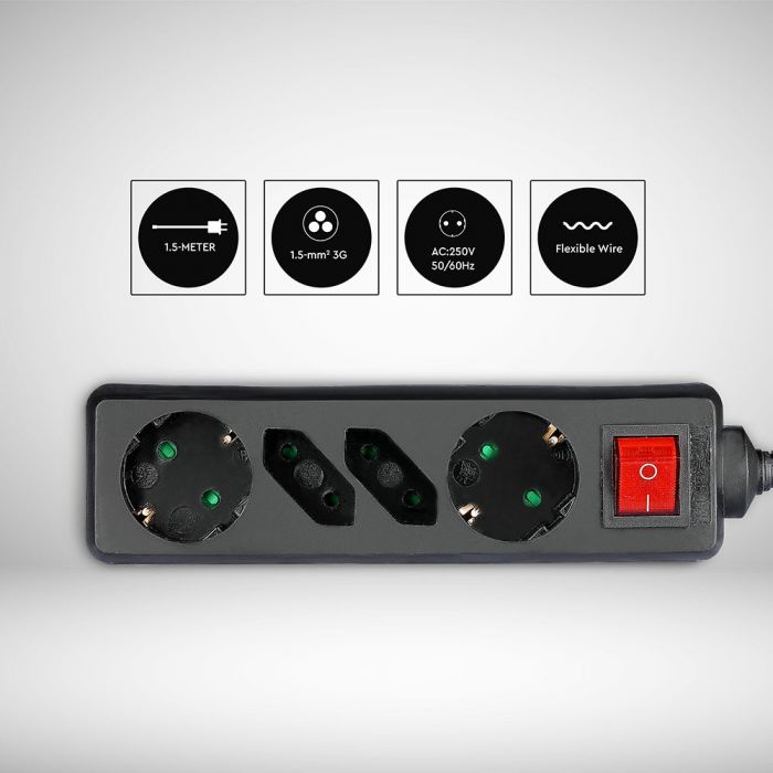 1.5m Pagarinātājs-sadalītājs 4 ligzdas ar slēdzi IP20 16A 250V 3680W melns, V-TAC