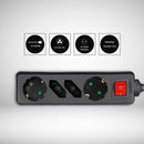 1.5m Pagarinātājs-sadalītājs 4 ligzdas ar slēdzi IP20 16A 250V 3680W melns, V-TAC