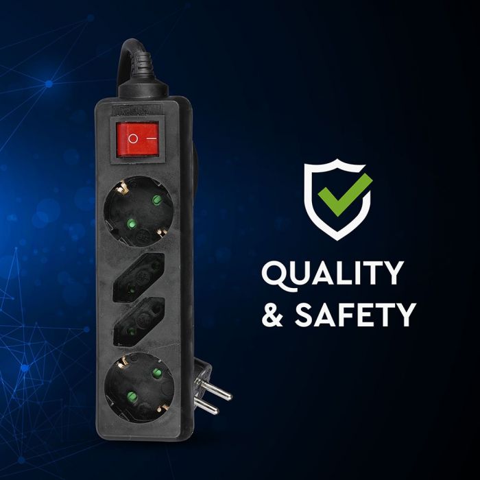 1.5m Pagarinātājs-sadalītājs 4 ligzdas ar slēdzi IP20 16A 250V 3680W melns, V-TAC