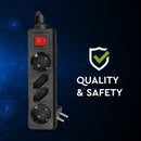 1.5m Pagarinātājs-sadalītājs 4 ligzdas ar slēdzi IP20 16A 250V 3680W melns, V-TAC