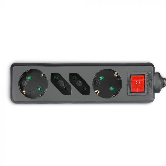 1.5m Pagarinātājs-sadalītājs 4 ligzdas ar slēdzi IP20 16A 250V 3680W melns, V-TAC
