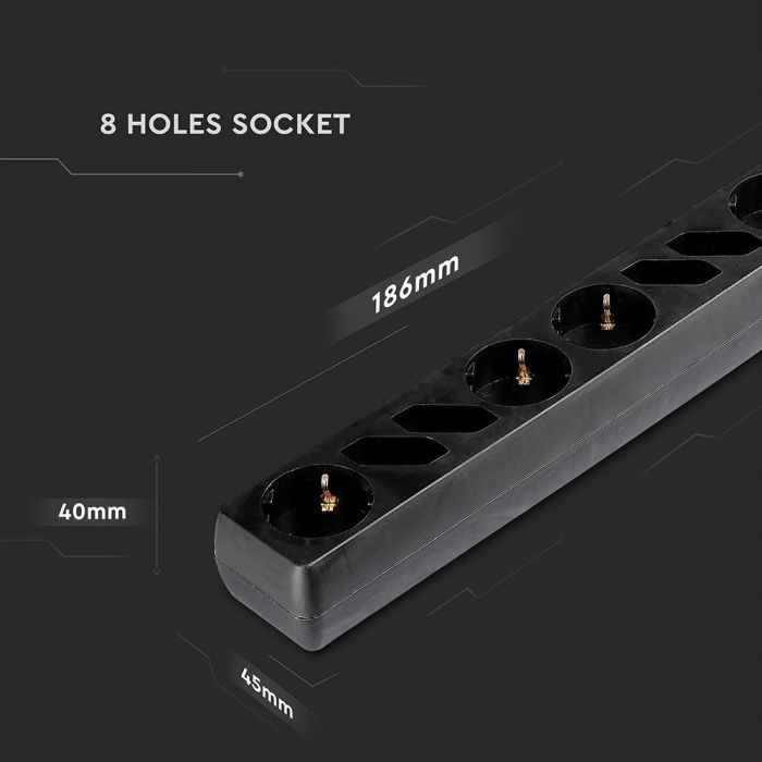 1,5m Pistikupesa jaotur 8 pistikupesa koos lülitiga IP20 16A 250V 3680W must, V-TAC