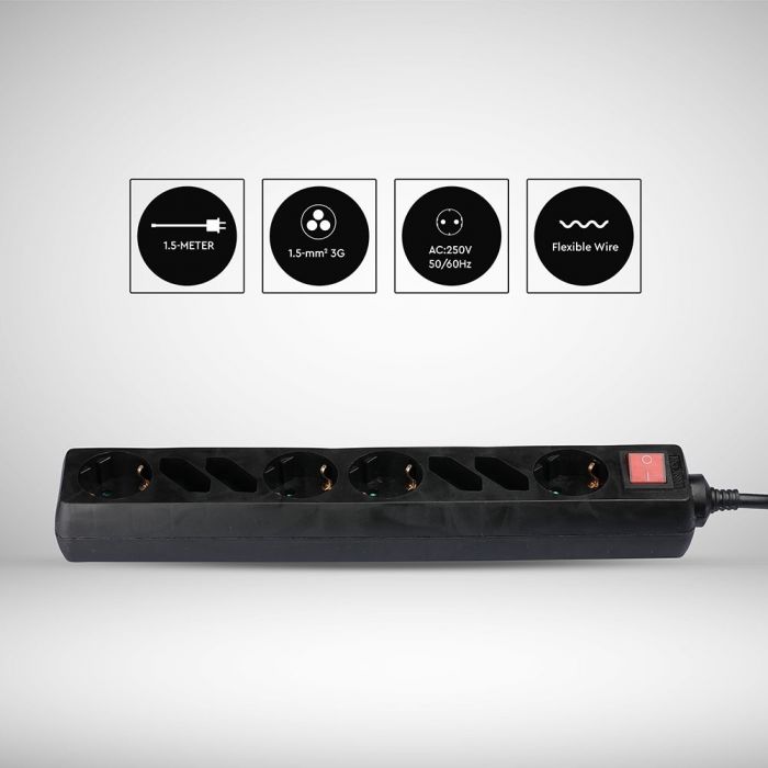 1,5m Pistikupesa jaotur 8 pistikupesa koos lülitiga IP20 16A 250V 3680W must, V-TAC