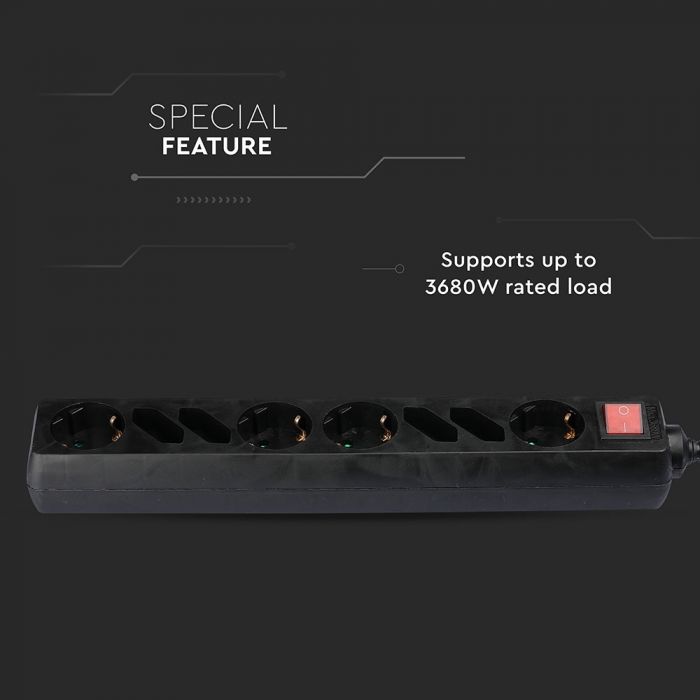 1,5m Pistikupesa jaotur 8 pistikupesa koos lülitiga IP20 16A 250V 3680W must, V-TAC