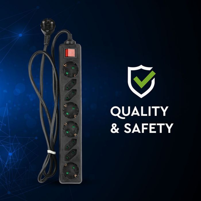 1,5m Pistikupesa jaotur 8 pistikupesa koos lülitiga IP20 16A 250V 3680W must, V-TAC