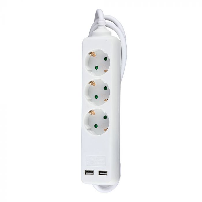 1.5m Pagarinātājs-sadalītājs 3 ligzdas, 2 USB IP20 16A 250V 3680W , V-TAC
