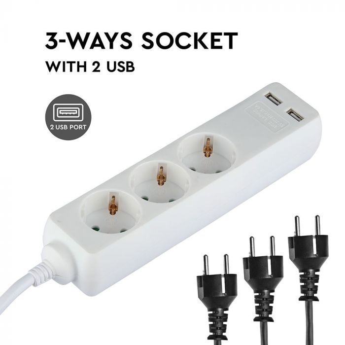1.5m Pagarinātājs-sadalītājs 3 ligzdas, 2 USB IP20 16A 250V 3680W , V-TAC