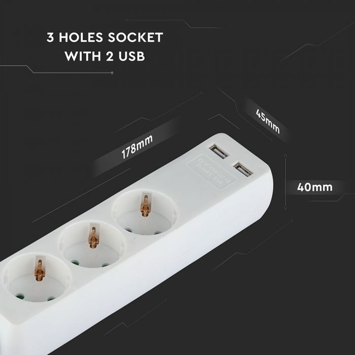1.5m Pagarinātājs-sadalītājs 3 ligzdas, 2 USB IP20 16A 250V 3680W , V-TAC