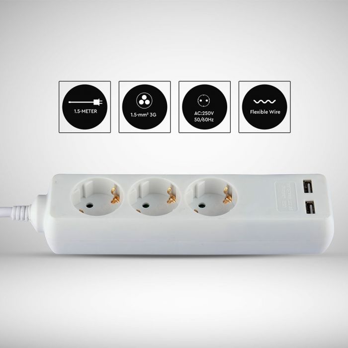 1.5m Pagarinātājs-sadalītājs 3 ligzdas, 2 USB IP20 16A 250V 3680W , V-TAC