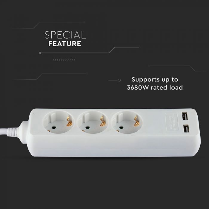 1.5m Pagarinātājs-sadalītājs 3 ligzdas, 2 USB IP20 16A 250V 3680W , V-TAC