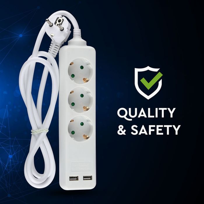 1.5m Pagarinātājs-sadalītājs 3 ligzdas, 2 USB IP20 16A 250V 3680W , V-TAC
