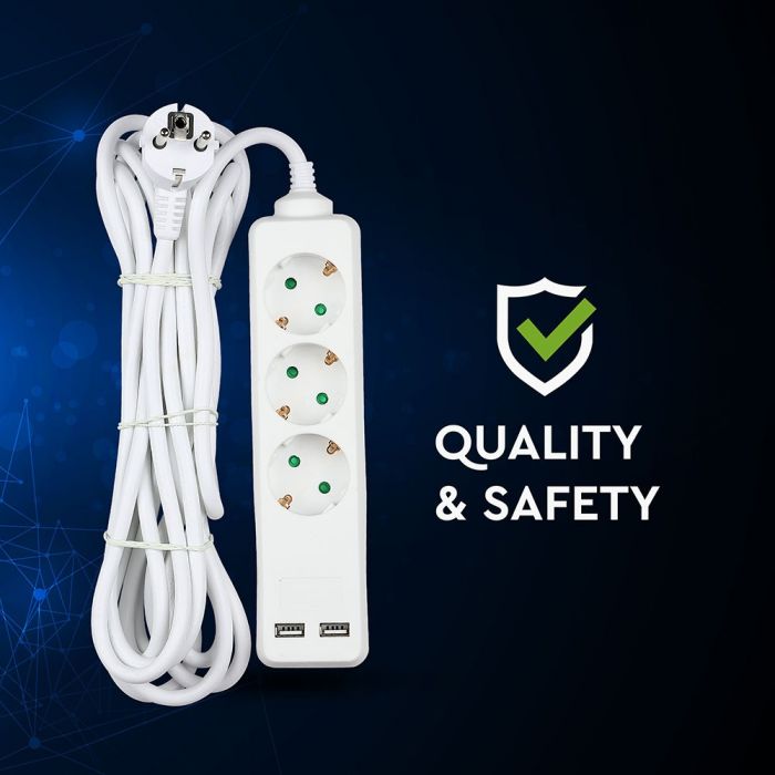 5m Pikendusvõrk 3 pistikupesa, 2 USB IP20 16A 250V 3680W, V-TAC