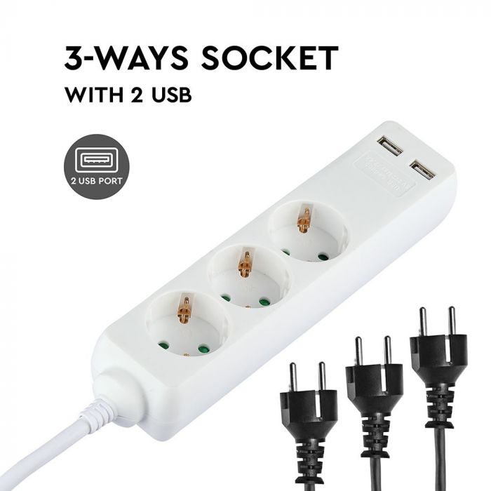 5m Pikendusvõrk 3 pistikupesa, 2 USB IP20 16A 250V 3680W, V-TAC
