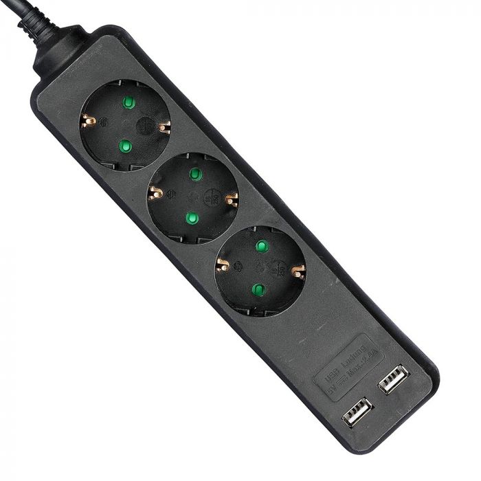 1.5m Pagarinātājs-sadalītājs 3 ligzdas 2 USB IP20 16A 250V 3680W melns, V-TAC