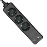1.5m Pagarinātājs-sadalītājs 3 ligzdas 2 USB IP20 16A 250V 3680W melns, V-TAC