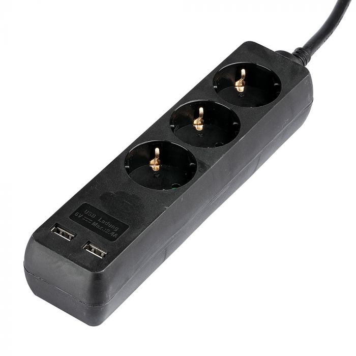 1,5 м Удлинитель 3 розетки 2 USB IP20 16A 250V 3680W черный, V-TAC