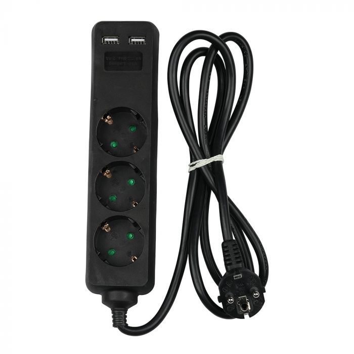 1,5 м Удлинитель 3 розетки 2 USB IP20 16A 250V 3680W черный, V-TAC