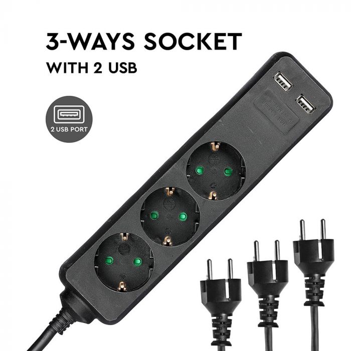 1,5 м Удлинитель 3 розетки 2 USB IP20 16A 250V 3680W черный, V-TAC