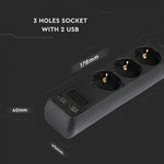 1,5 м Удлинитель 3 розетки 2 USB IP20 16A 250V 3680W черный, V-TAC