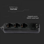 1,5 м Удлинитель 3 розетки 2 USB IP20 16A 250V 3680W черный, V-TAC