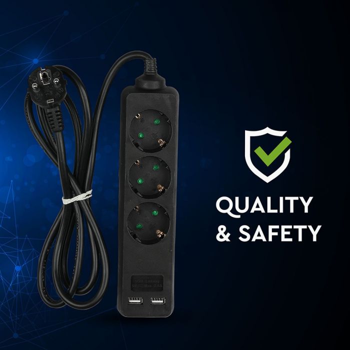 1,5 м Удлинитель 3 розетки 2 USB IP20 16A 250V 3680W черный, V-TAC