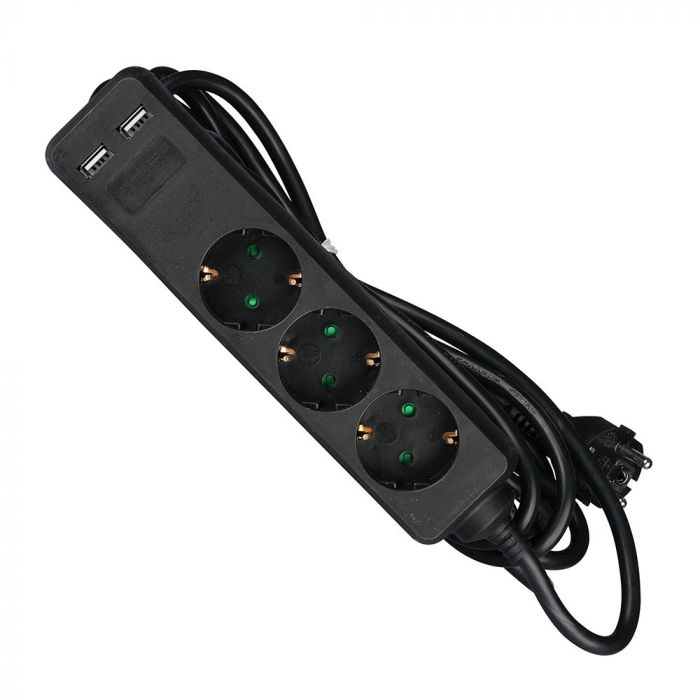 5m Pagarinātājs-sadalītājs 3 ligzdas 2 USB IP20 16A 250V 3680W melns, V-TAC