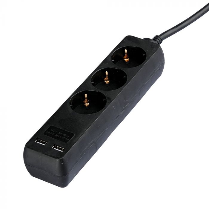 5m Pikendusvõrk 3 pistikupesa 2 USB IP20 16A 250V 3680W must, V-TAC