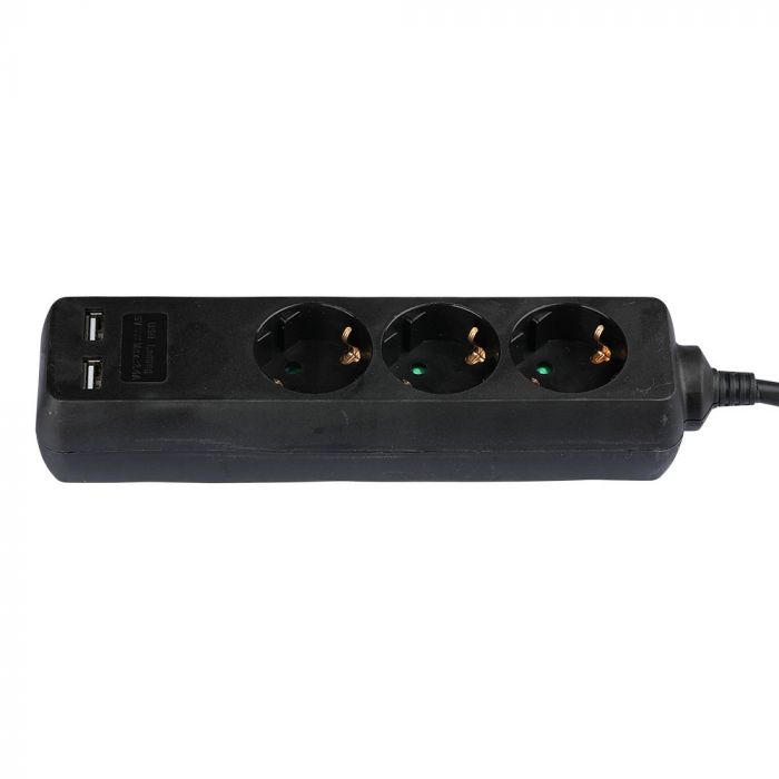 5m Pagarinātājs-sadalītājs 3 ligzdas 2 USB IP20 16A 250V 3680W melns, V-TAC