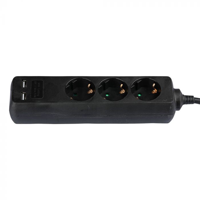5m Pikendusvõrk 3 pistikupesa 2 USB IP20 16A 250V 3680W must, V-TAC