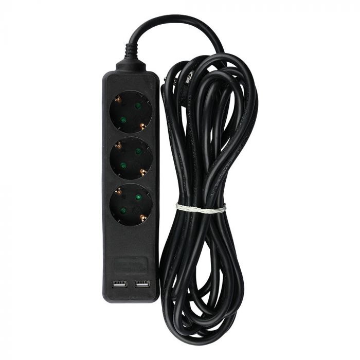 5m Pikendusvõrk 3 pistikupesa 2 USB IP20 16A 250V 3680W must, V-TAC