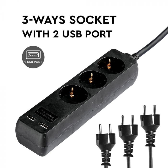 5m Extender-splitter 3 sockets 2 USB IP20 16A 250V 3680W black, V-TAC
