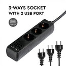 5m Extender-splitter 3 sockets 2 USB IP20 16A 250V 3680W black, V-TAC